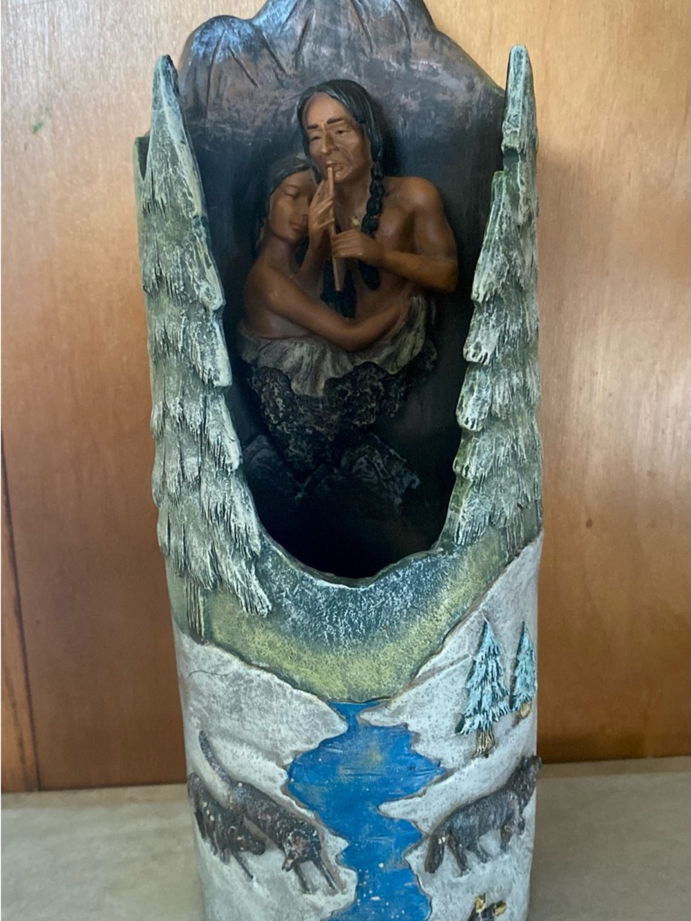 Vintage Native American Lovers Nature Wolves Resin Decor Luminary Candle Holder
